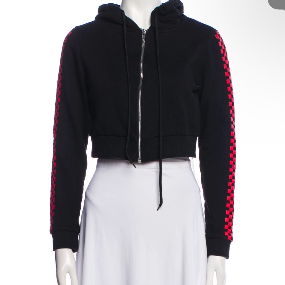Danielle Guizio Black full zip Hoodie sweatshirt with Red Checkered Sleeves XS